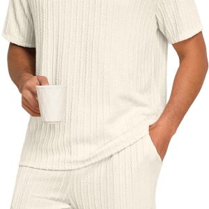 Mens Pajamas Set Summer Pjs Sets Lightweight Short Sleeve Pajama Shorts Set Soft Sleepwear Loungewear with Pockets