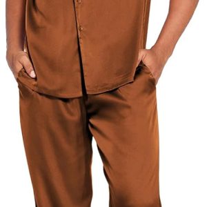 Men Satin Silk Pajamas Set 2 Piece Button Down Sleepwear Long Pants Loungewear with Pockets