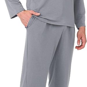 Mens Pajama Set Bamboo Viscose Soft Pijamas Sets for Men Long Sleeve Full Length Pants Pjs Sleepwear with Pockets