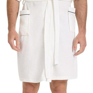 Waffle Knit Robe for Men, Short Lightweight Bathrobe with Kimono & Pockets, Short-Sleeves Summer Loungewear for Spa