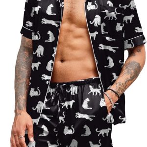 Mens Satin Pajamas Set Button-Down Short Sleeve Shirt Top Soft Silk Sleepwear Shorts with Pockets