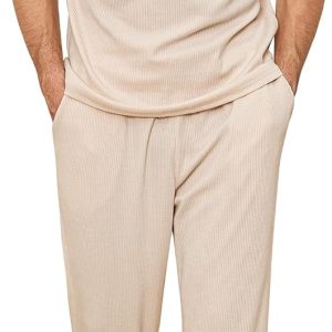 Mens Pajamas Set Soft Waffle Knit Short Sleeve Top and Pant Loungewear Sets 2 Piece Pjs with Pockets