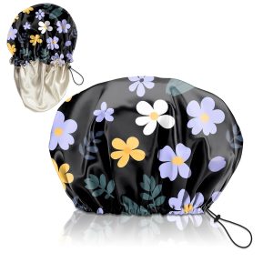 Luxury Shower Cap Adjustable Reusable Double Waterproof Layer Elastic Satin Lined Hair Bath Cap Cute Aesthetic Women Girls-Purple Flower