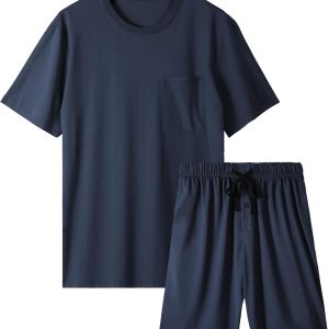 Mens Pajama Set Summer Pjs Sleepwear Short Sleeve Shirts Soft Lightweight Sleep Sets with Pockets S-2XL