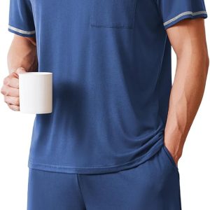 Men's Pajamas Set Casual Short Sleeve Shirts and Shorts Soft 2 Piece Loungewear With Pockets