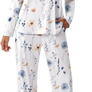 Womens Pajama Sets Pleated Tops with Long Pants Lounge Set Long Sleeve Fall Sleepwear Ladies
