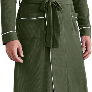 Mens Robes Lightweight Waffle Knit Kimono Bathrobe Long Sleeve Sleepwear Soft Knee Length Robe with Pockets S-3XL