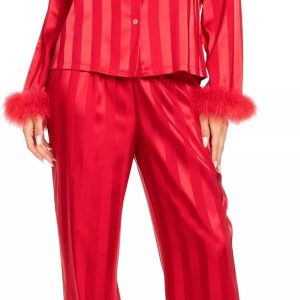 Women Satin Pajamas Striped Feather Trim Pjs Long Sleeve Button Down Shirt Pants Vacation Matching Silk Lounge Set