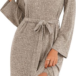 Robe for Women Ribbed Knit Bathrobe Soft Knee Length Kimono Robes Ladies Sleepwear with Pockets S-XXL